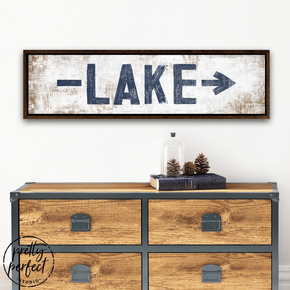 Lake Sign With Arrow on Wall Above Lake House Entryway Table – Pretty Perfect Studio
