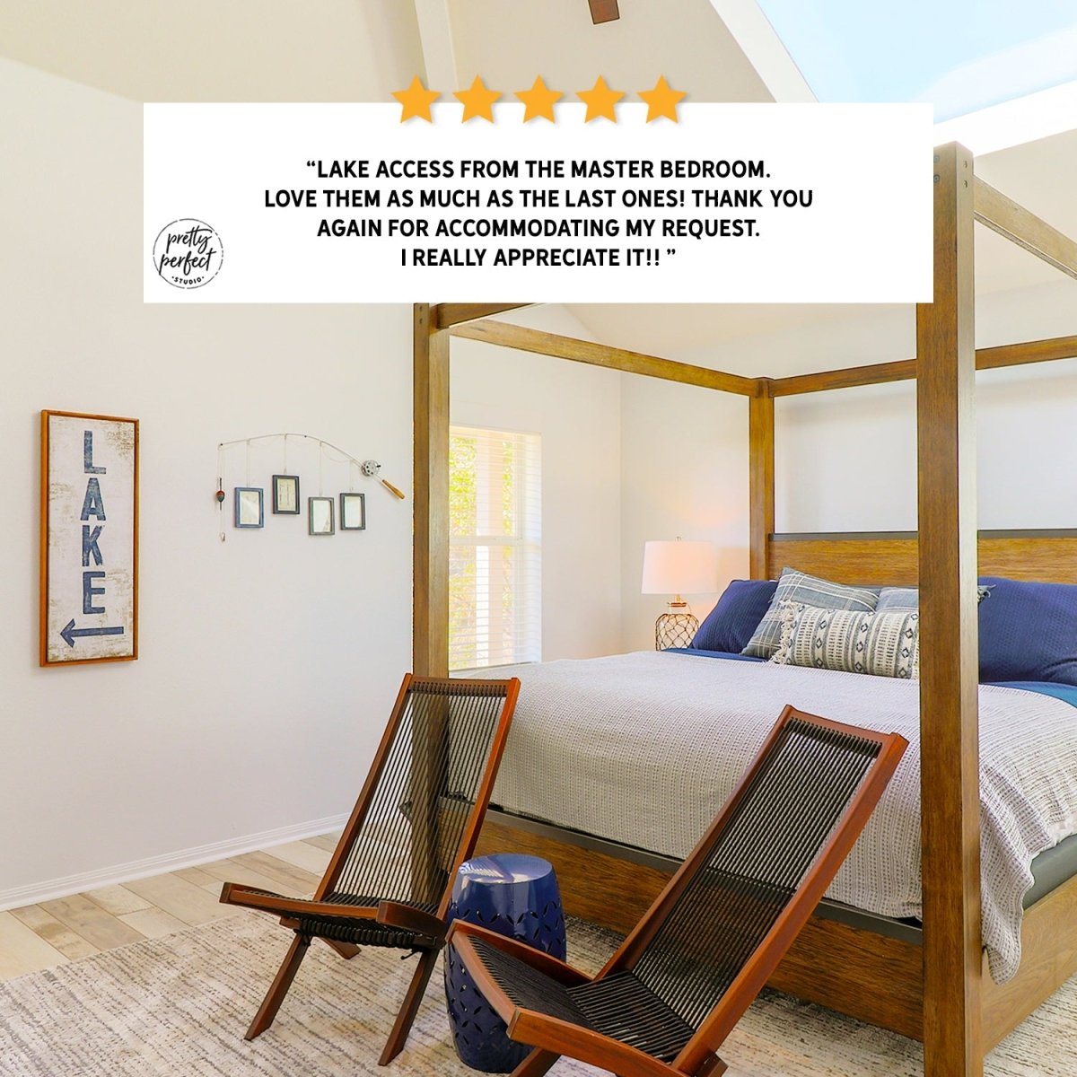 Lake arrow sign displayed above a bed in a cozy lake house bedroom
