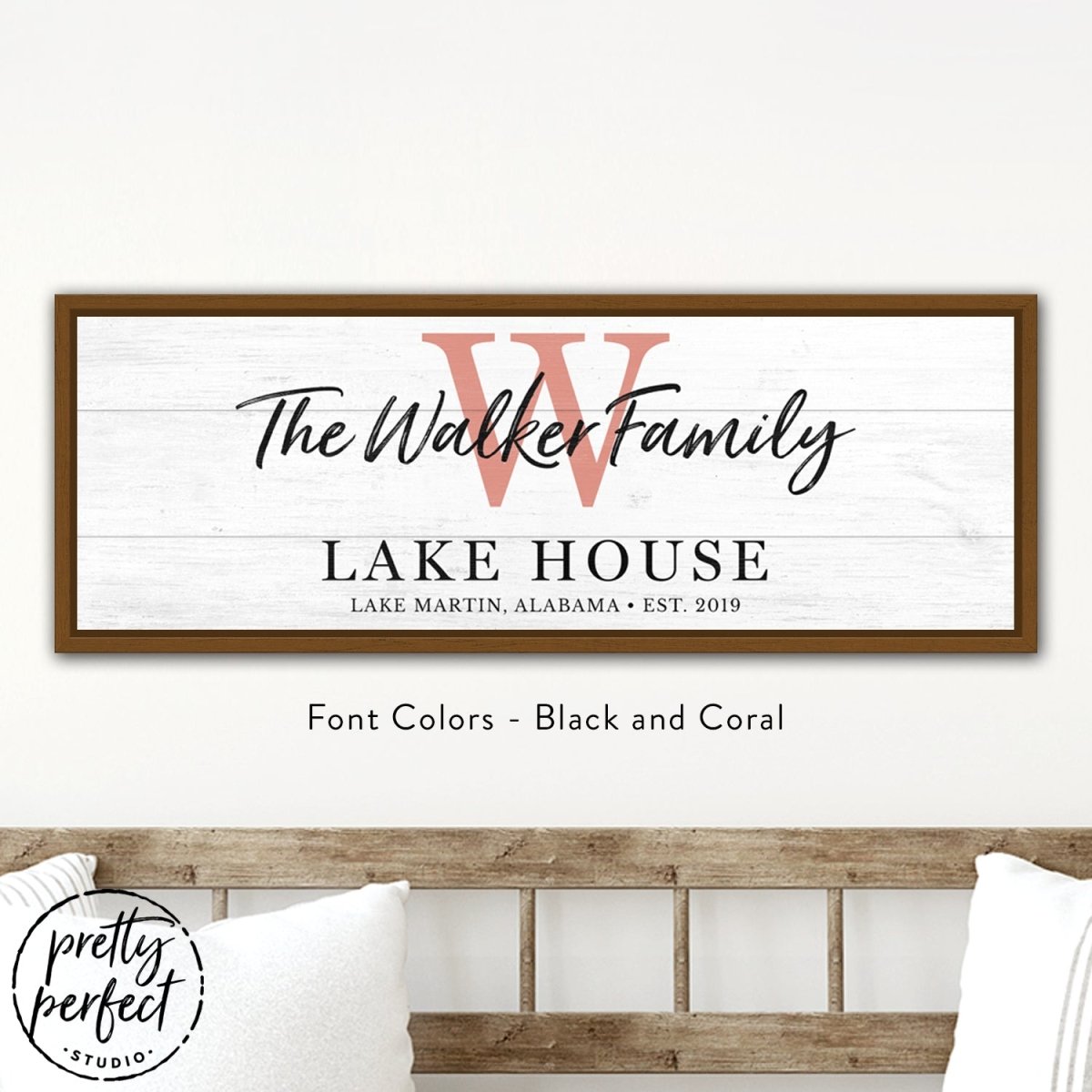 Personalized lake house wall art displayed in neutral tone living room