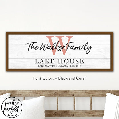 Personalized lake house wall art displayed in neutral tone living room
