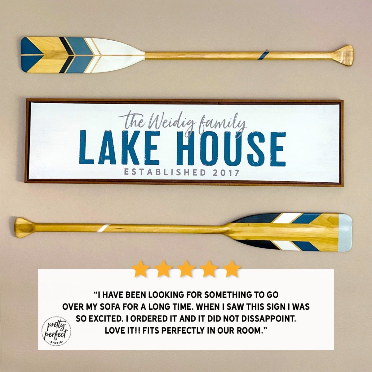 Customer product review for personalized lake house sign by Pretty Perfect Studio
