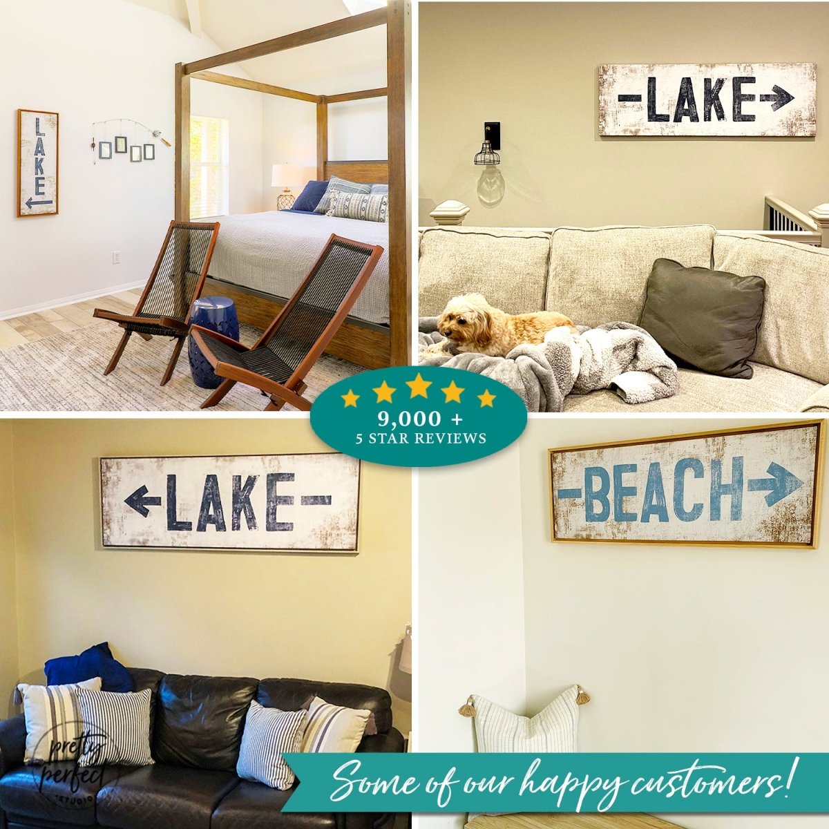 Lake sign included in a gallery wall with beach and lake-themed decor