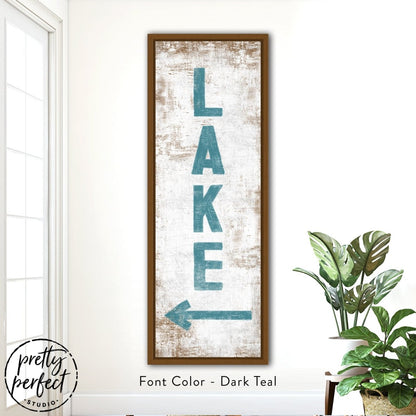 Vertical lake sign displayed in a clean interior with minimalist styling