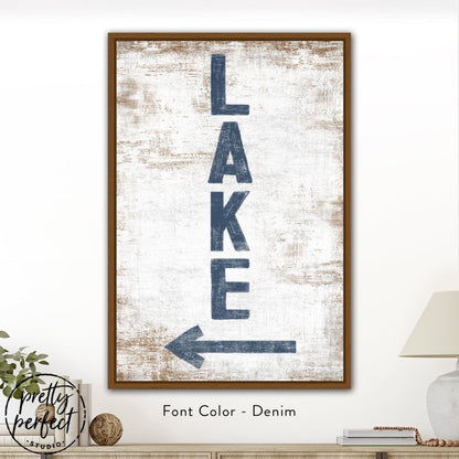 Vertical lake sign wall art with modern rustic design and neutral tones