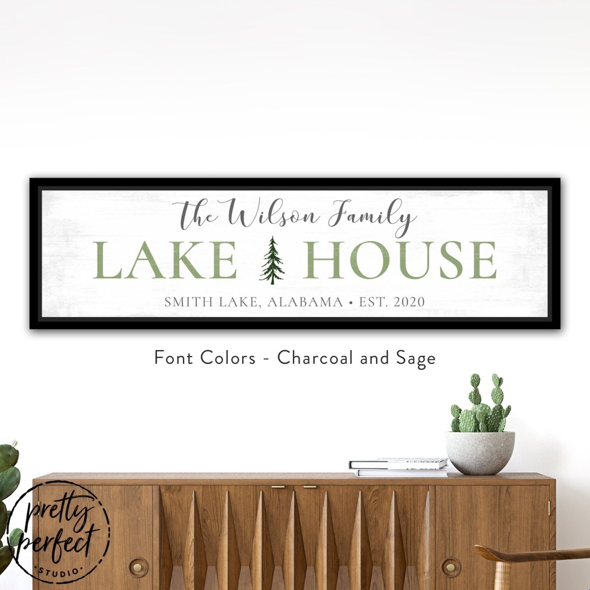 personalized lake house canvas sign with pine tree design custom family name lake house wall decor rustic farmhouse lake sign charcoal and sage colors