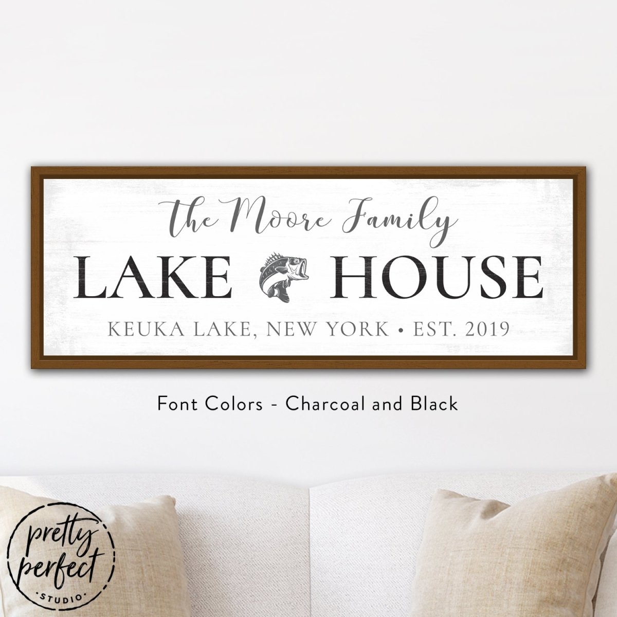 personalized lake house canvas sign with custom family name and fish design rustic lake house wall decor charcoal and black font colors