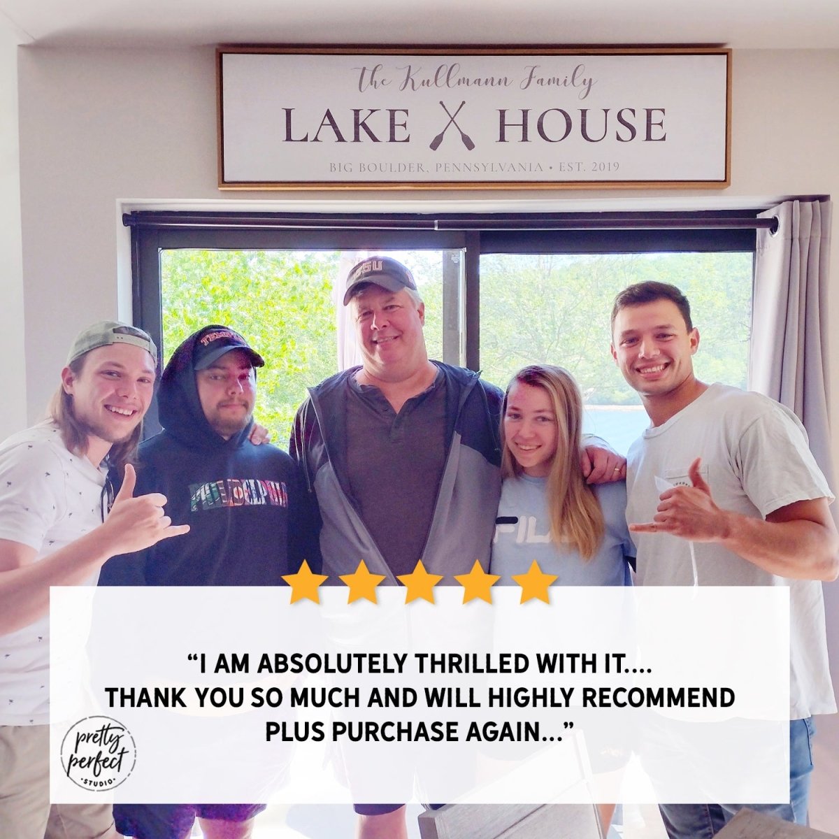Customer product review for personalized lake house sign by Pretty Perfect Studio