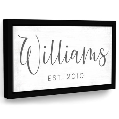 Personalized last name sign with established date, custom family name wall art in farmhouse style, minimalist home decor sign for living room or housewarming gift