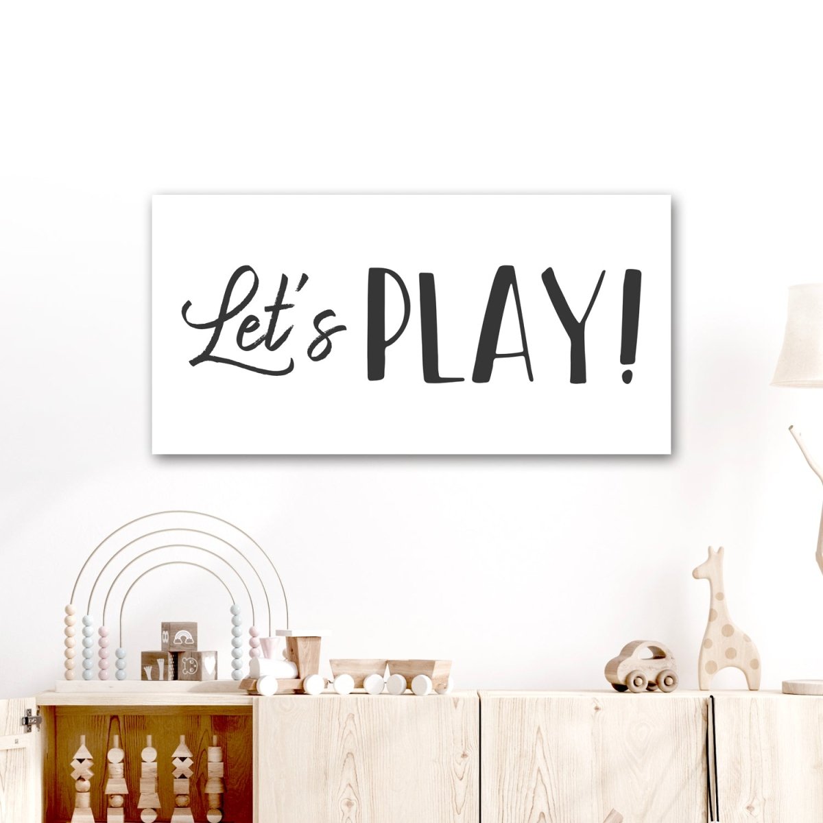 Let's Play Canvas Sign Hanging Above Play Table - Pretty Perfect Studio
