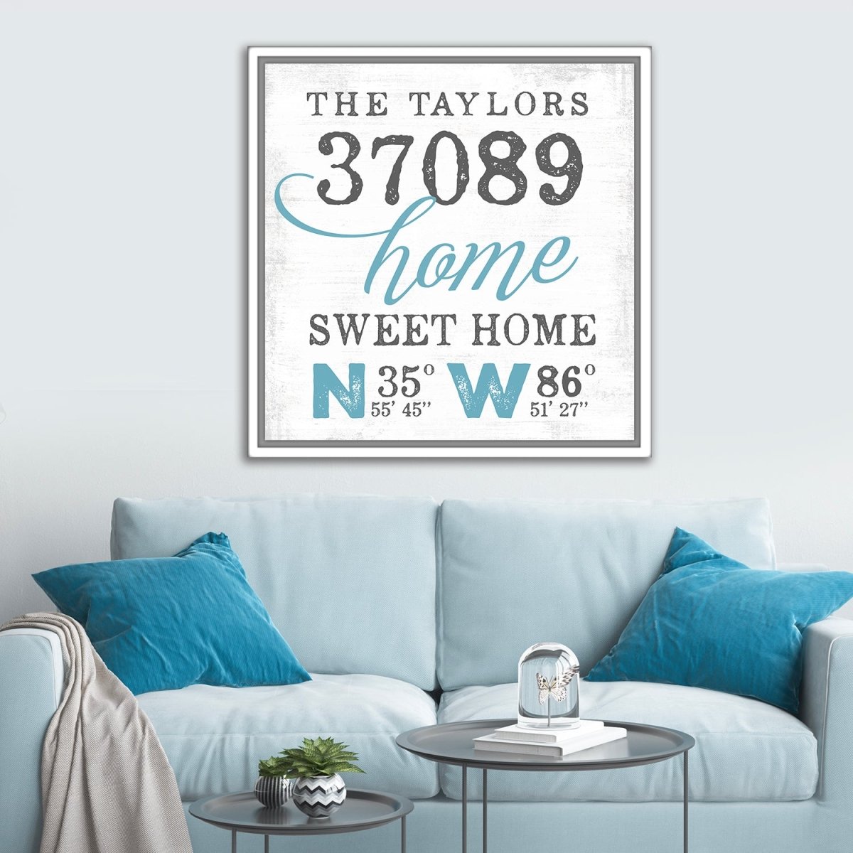 Location Sign With Name and Zip Code Above Couch in Family Room - Pretty Perfect Studio