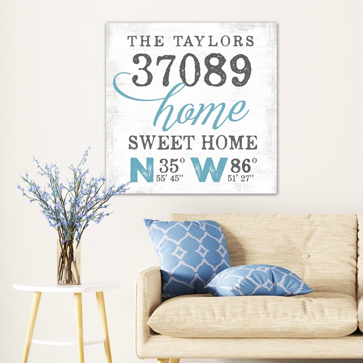 Location Sign With Name and Zip Code in Living Room Above Couch - Pretty Perfect Studio