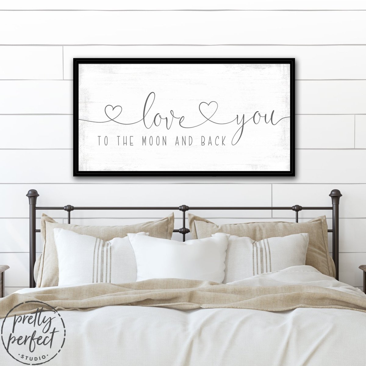 Love You to the Moon and Back Sign With Hearts Above Bed - Pretty Perfect Studio