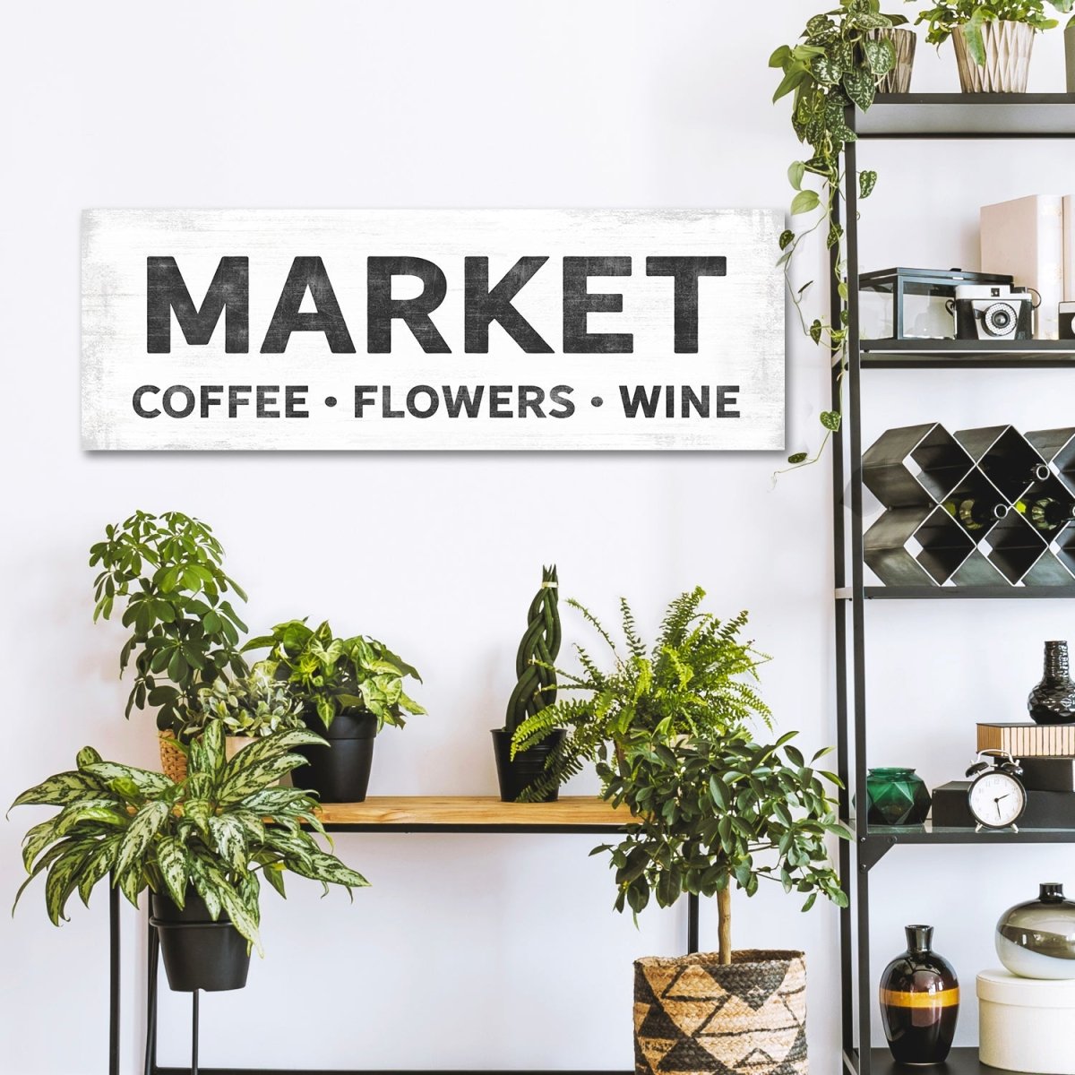 Market Sign - Coffee, Flowers, Wine Wall Art Above Shelf - Pretty Perfect Studio