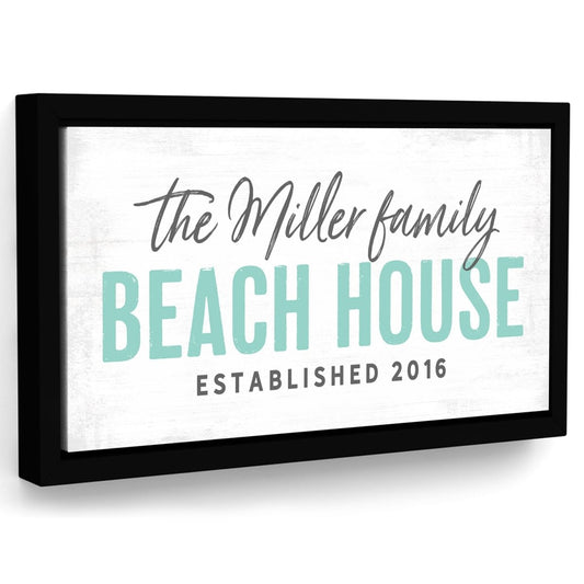 Personalized Miller family beach house sign with black frame and coastal typography