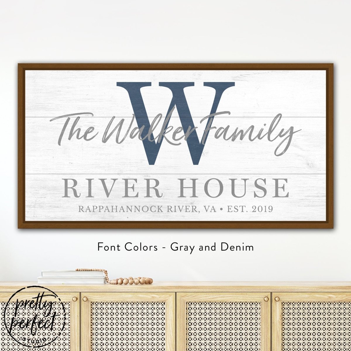 Minimalist river house wall art with custom family name and clean typography