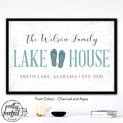 personalized lake house canvas sign with flip flop design custom family name lake house wall decor coastal farmhouse lake sign charcoal and aqua colors