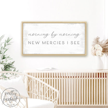 Morning By Morning New Mercies I See Sign Above Living Room Table - Pretty Perfect Studio