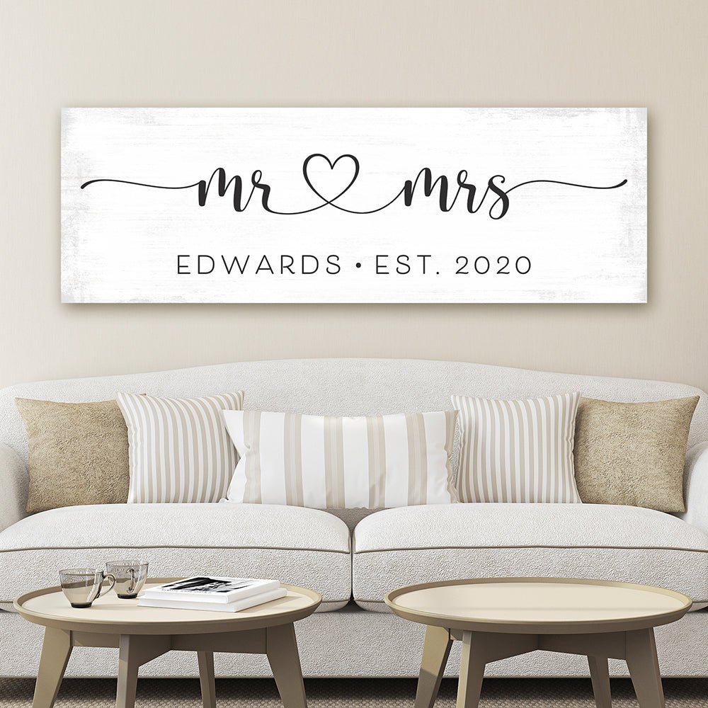 Mr And Mrs Personalized Name Sign With Established Date Above Bed - Pretty Perfect Studio