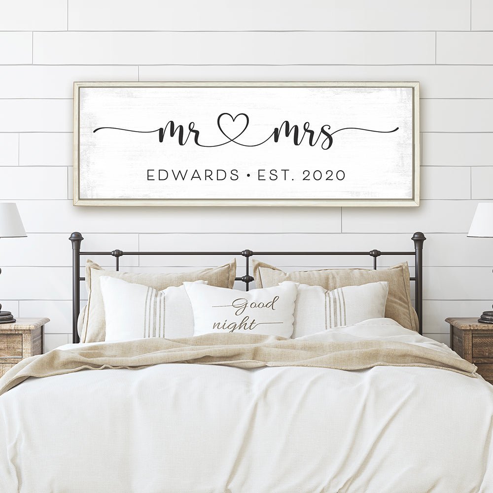 Mr And Mrs Personalized Name Sign With Established Date in Bedroom - Pretty Perfect Studio