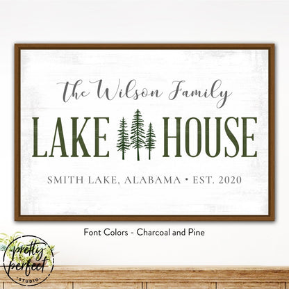 personalized lake house canvas sign with pine tree design custom family name lake house wall decor rustic cabin lake sign charcoal and pine colors