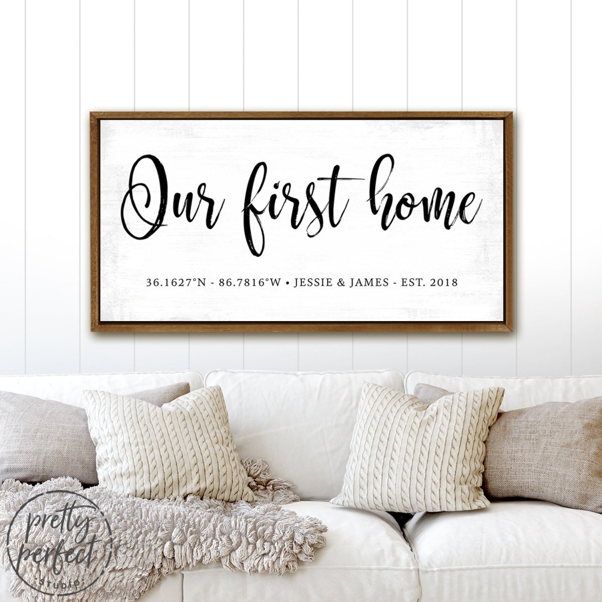 Our First Home Sign Personalized with Coordinates, Name & Established Date Above Couch - Pretty Perfect Studio