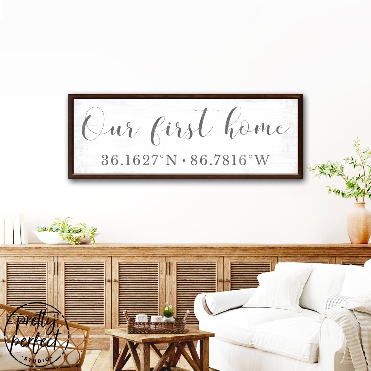 Our First Home Sign With GPS Coordinates in Living Room - Pretty Perfect Studio