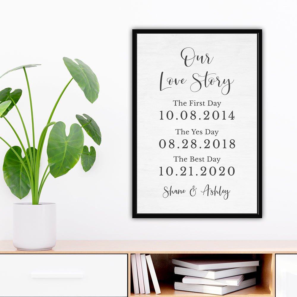 Our Love Story Personalized Sign With Names and Dates Hanging On Wall - Pretty Perfect Studio