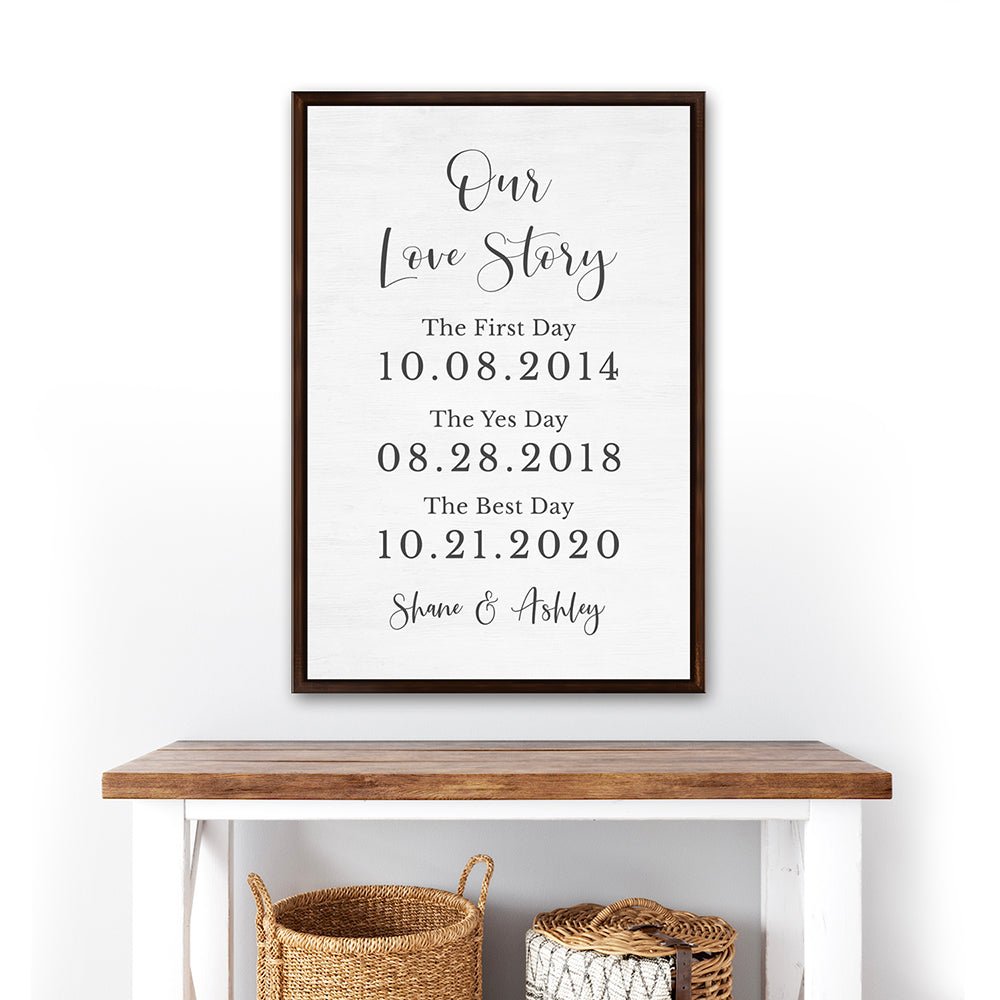 Our Love Story Personalized Sign With Names and Dates Hanging on Wall - Pretty Perfect Studio