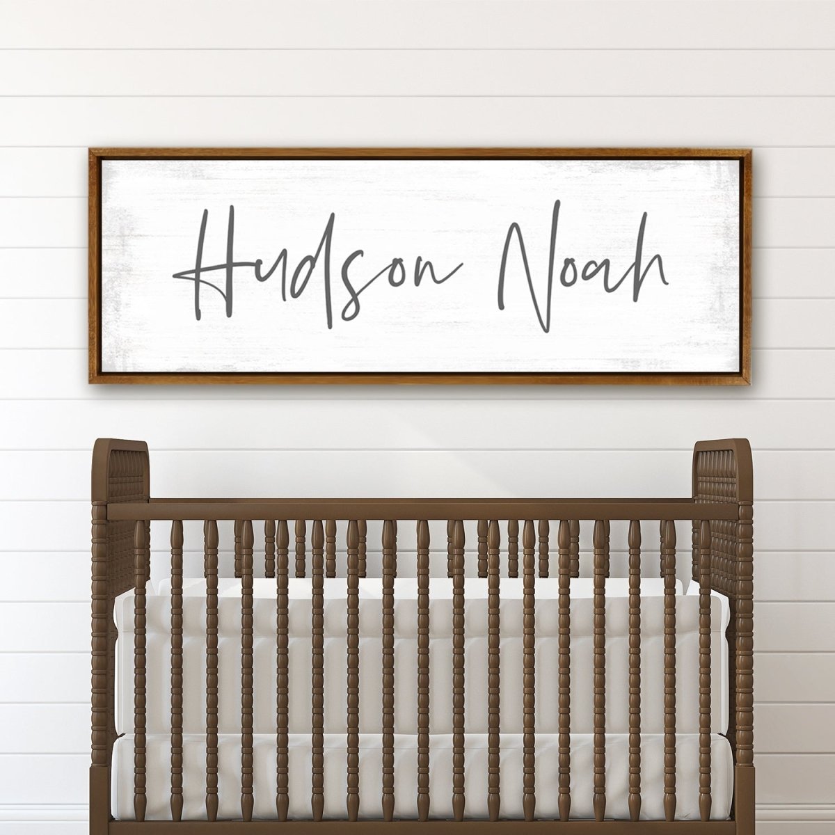 Personalized Baby Name Sign Hanging on Wall Above Baby Crib - Pretty Perfect Studio