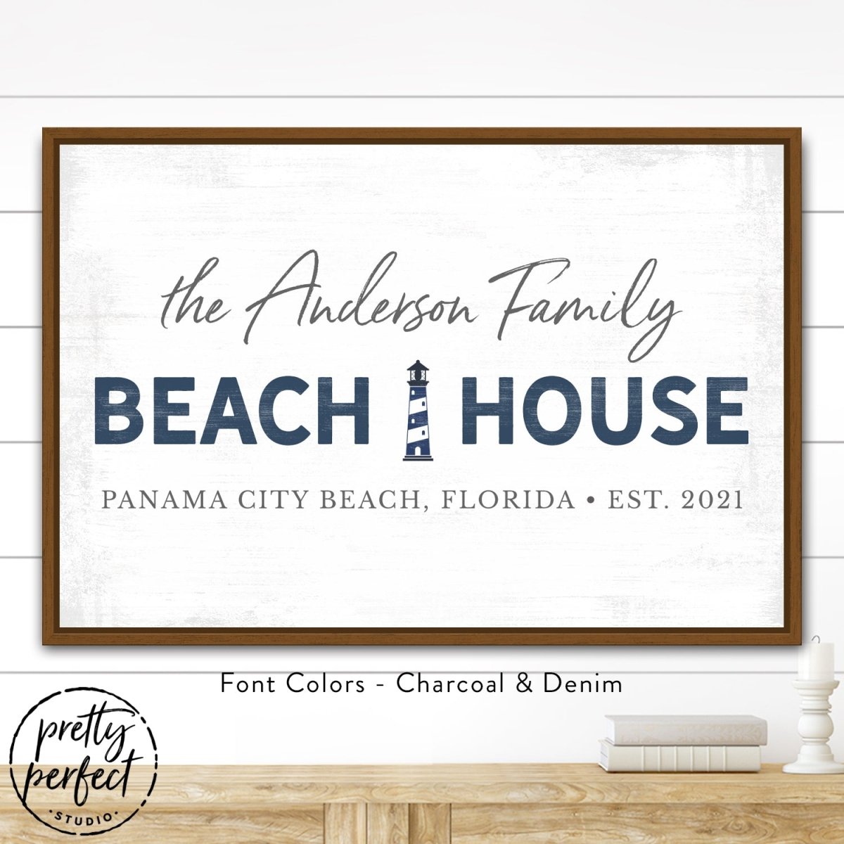personalized beach house sign with family name, custom coastal wall decor with lighthouse design, denim blue and charcoal beach house wall art in wood frame, custom seaside family name sign with location and date