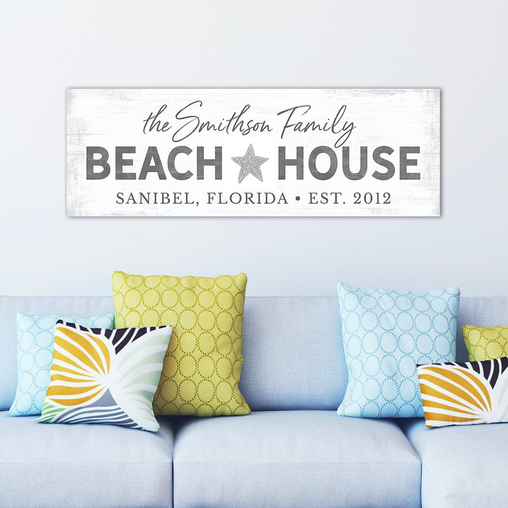 Personalized Beach House Family Beach Home Custom Name Sign Above Couch - Pretty Perfect Studio