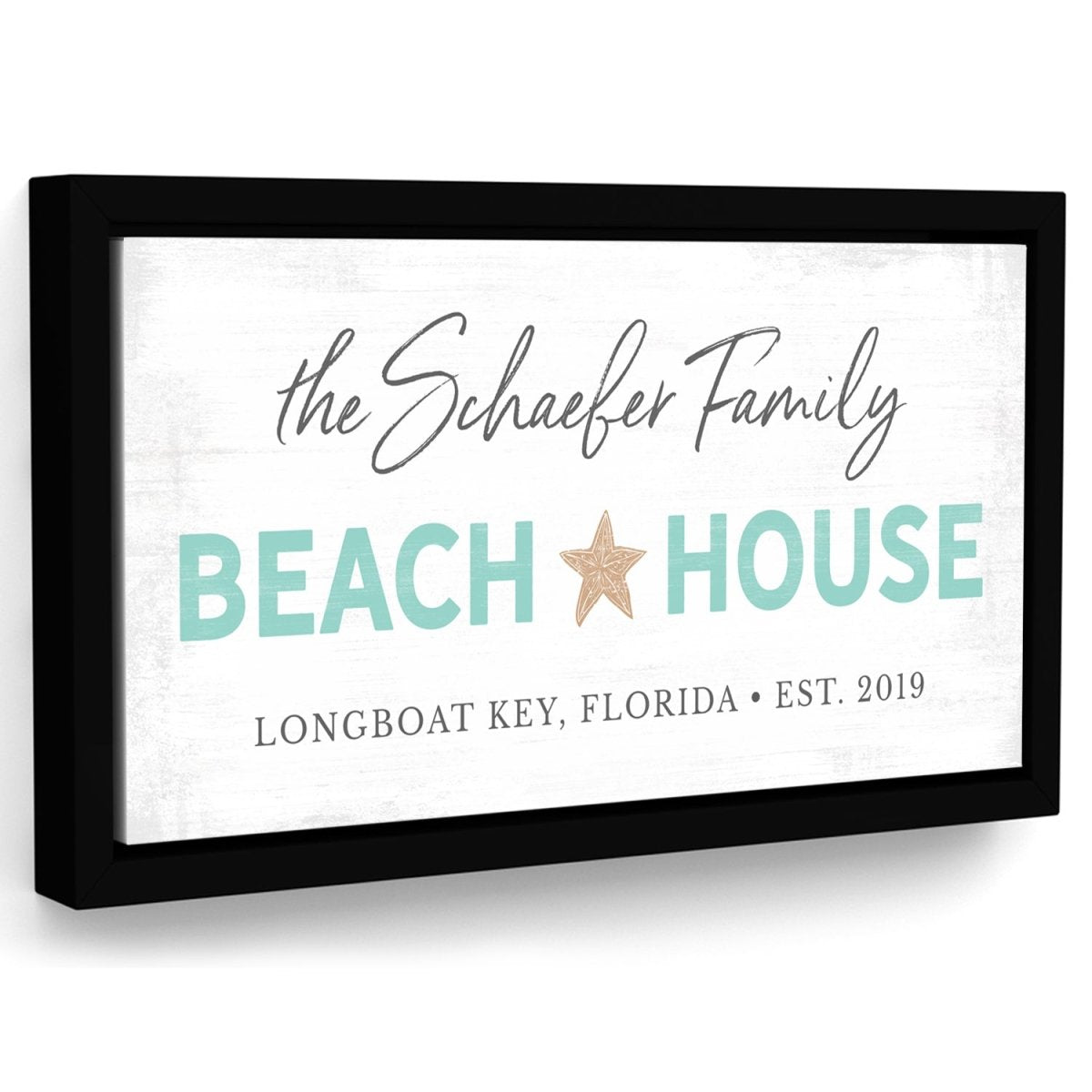 Personalized beach house sign with family name and established date in modern framed wall art style
