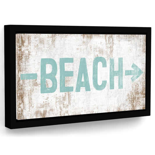 framed rustic beach sign wall art with teal lettering on wood background
