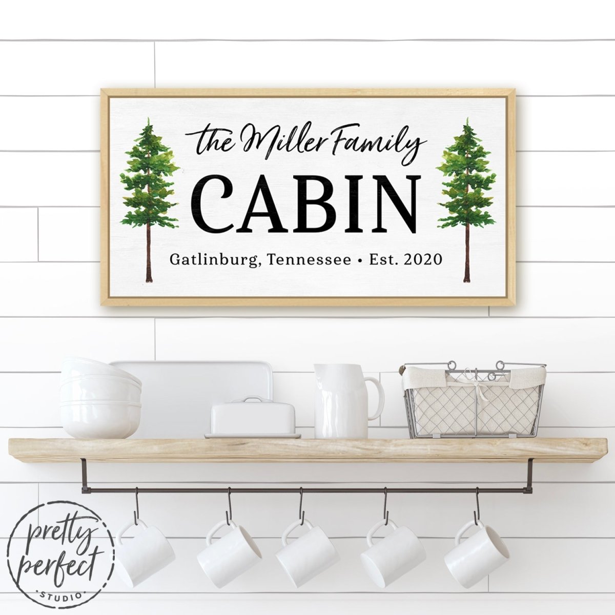 Personalized Family Cabin Canvas Sign Handing in Kitchen Above Shelf - Pretty Perfect Studio