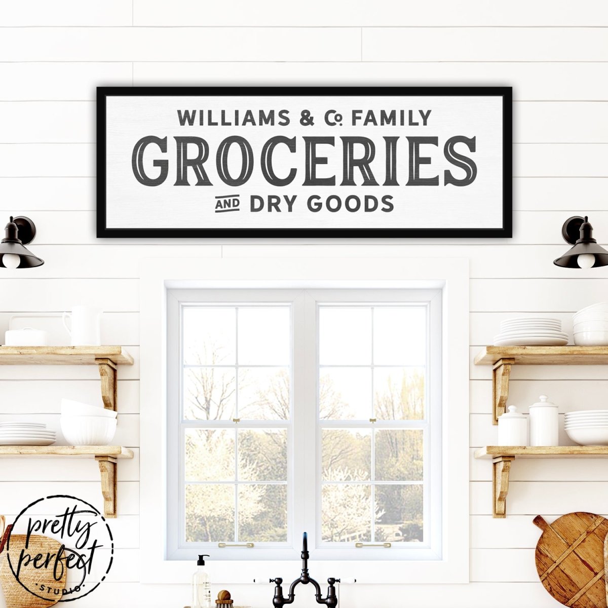 Personalized Family Grocery Sign Hanging Above Window in Kitchen - Pretty Perfect Studio