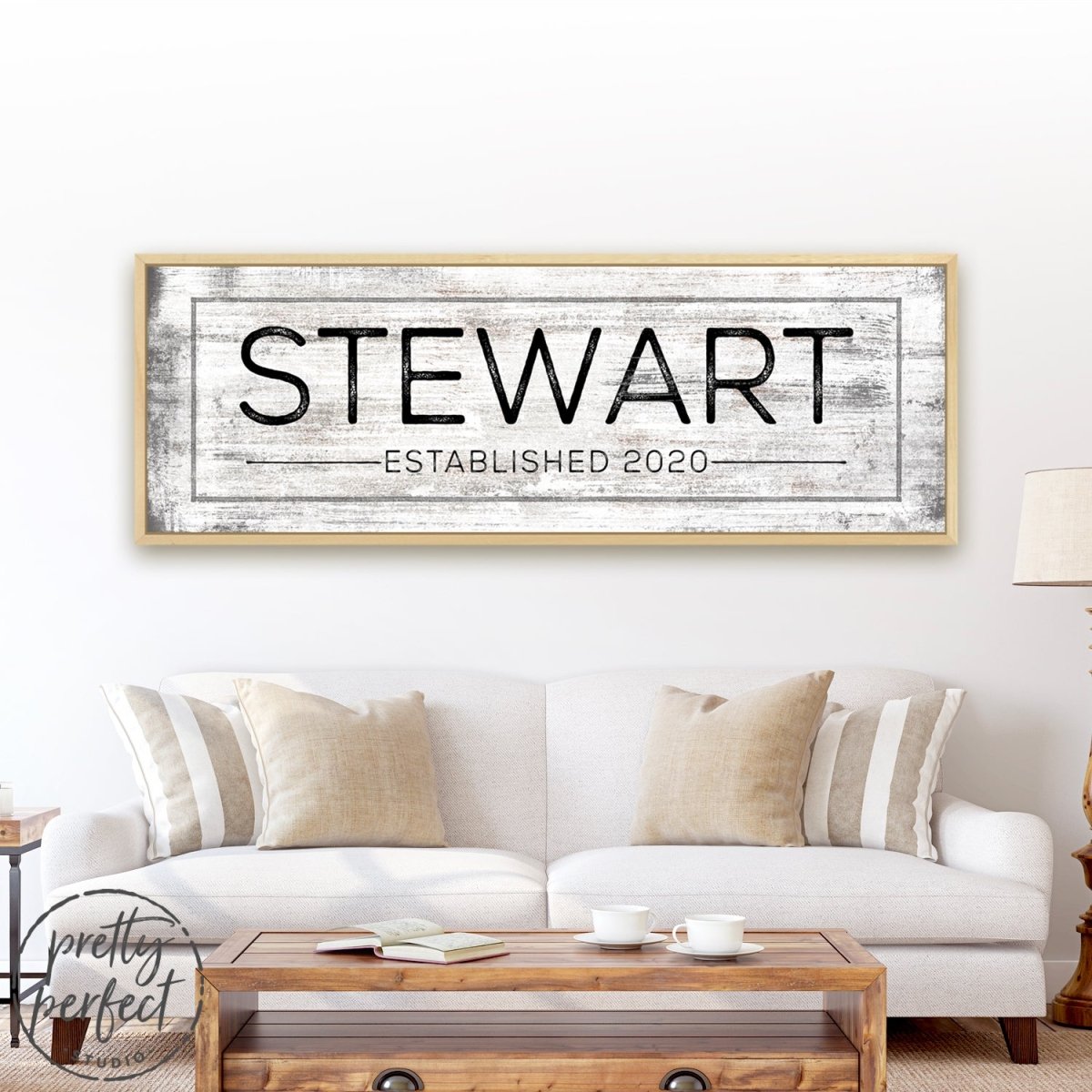 Personalized Family Name Established Sign Above Couch in Living Room - Pretty Perfect Studio