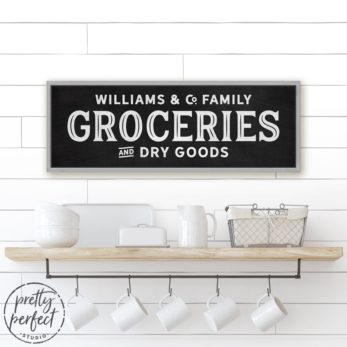 Personalized Family Grocery Sign Hanging in Kitchen Above Shelf - Pretty Perfect Studio