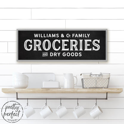 Personalized Family Grocery Sign Hanging in Kitchen Above Shelf - Pretty Perfect Studio