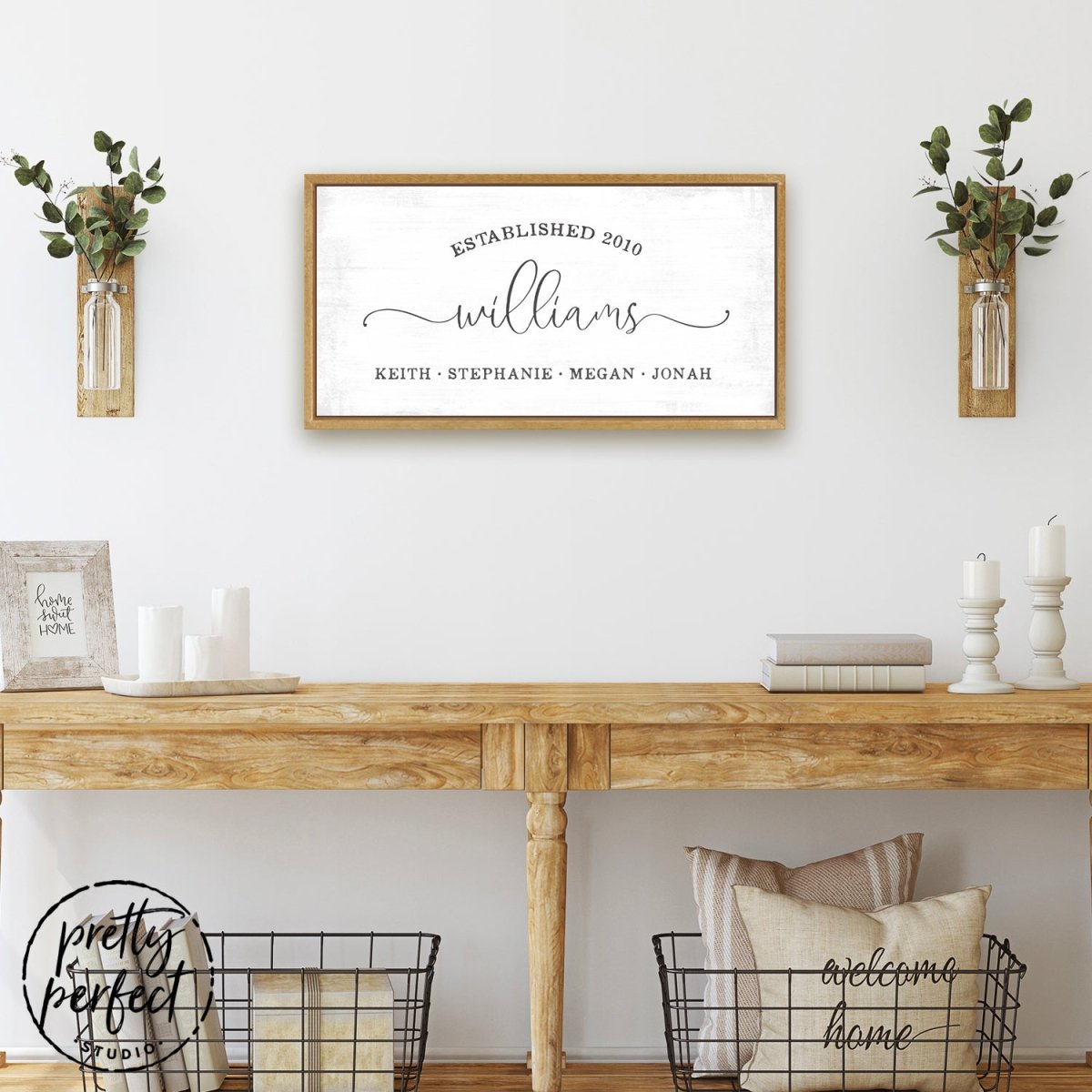 Personalized Family Names Wall Art With Established Date Above Entryway Table - Pretty Perfect Studio