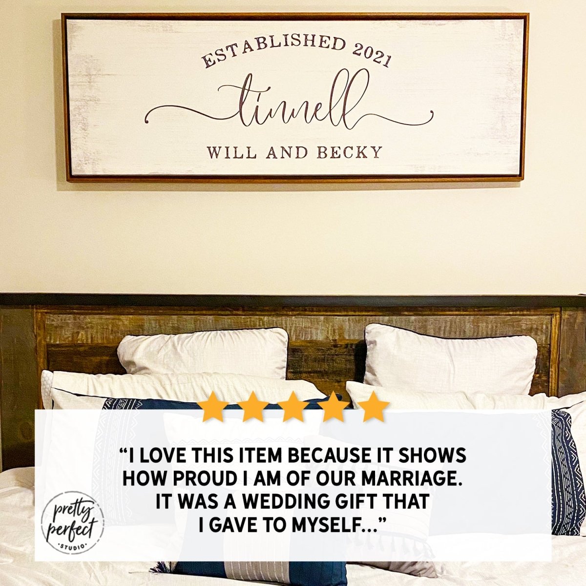 personalized family name wall art with last name, est year, and custom quote on lightly distressed canvas, with a 5-star customer review