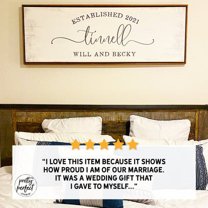 personalized family name wall art with last name, est year, and custom quote on lightly distressed canvas, with a 5-star customer review