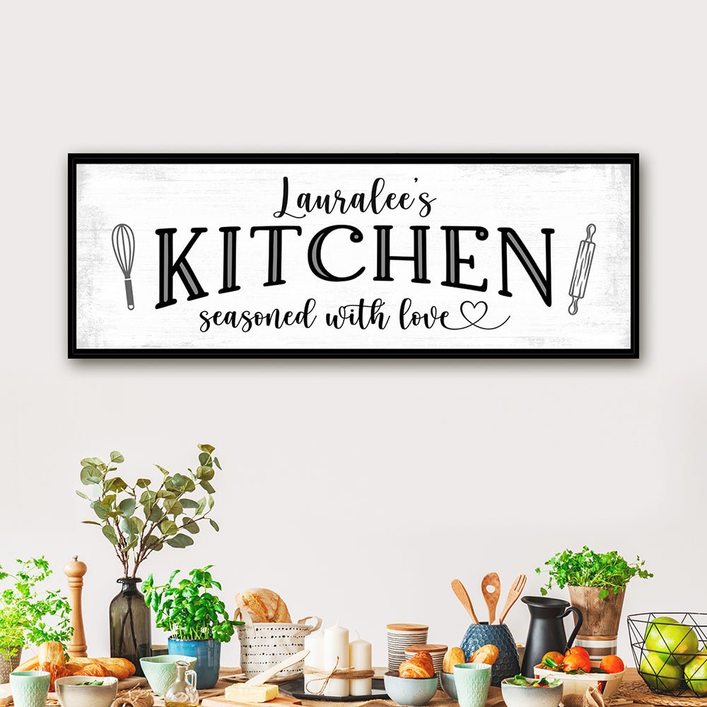 Personalized Farmhouse Canvas Sign Above Kitchen Table - Pretty Perfect Studio