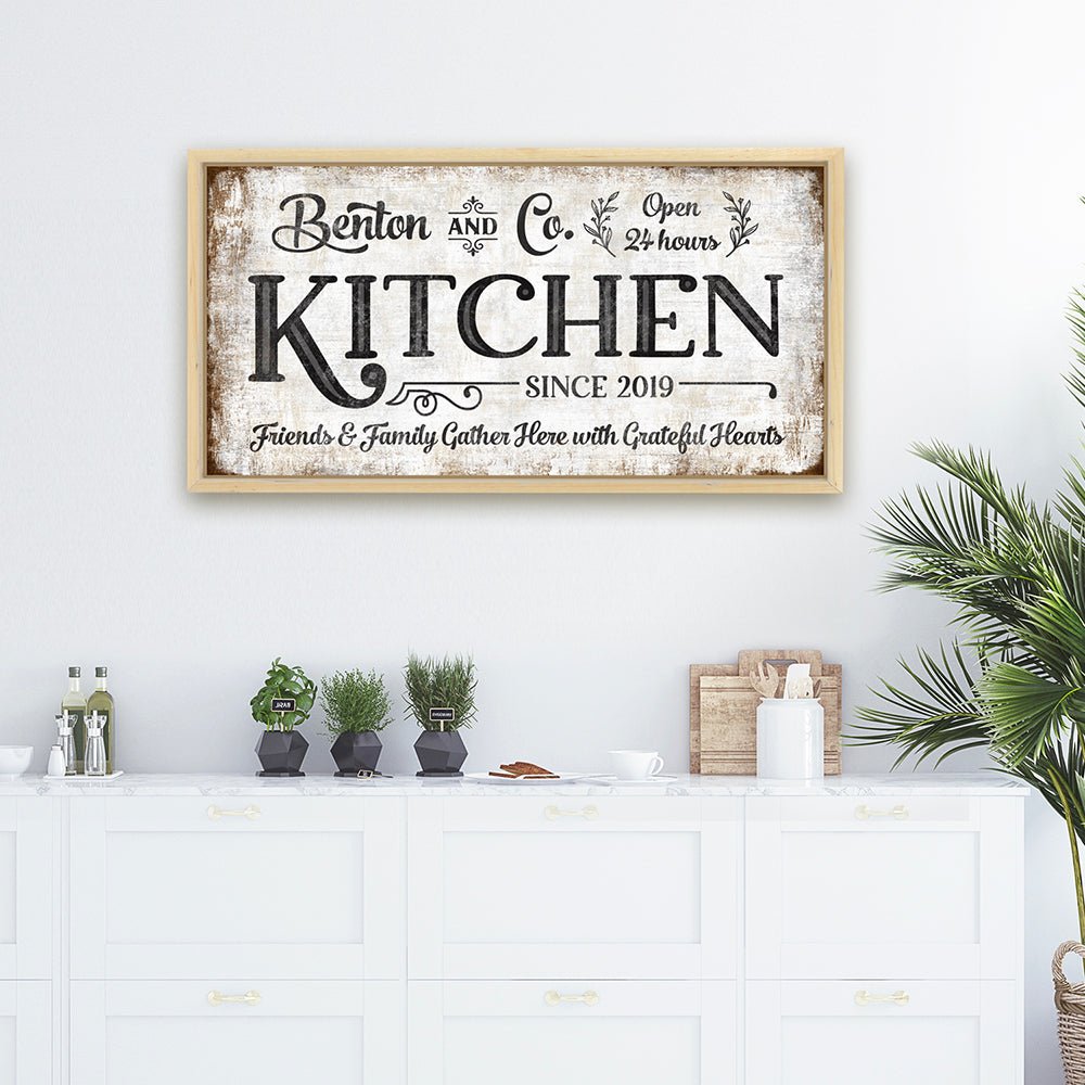 Personalized Farmhouse Kitchen Sign With Name, Established Date, and Quote Hanging Above Shelf - Pretty Perfect Studio