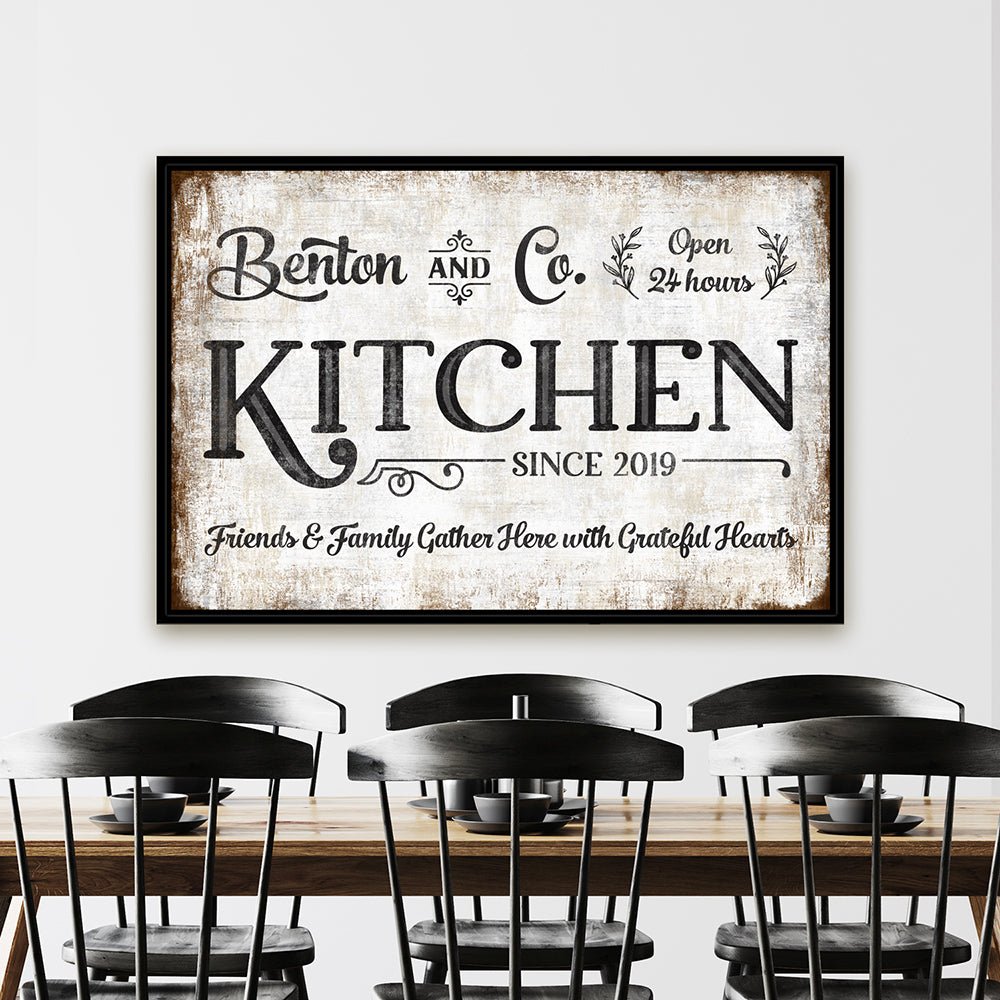 Personalized Farmhouse Kitchen Sign With Name, Established Date, and Quote Hanging Above Kitchen Table - Pretty Perfect Studio