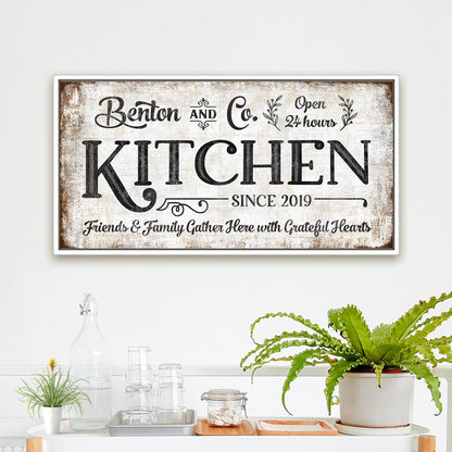 Custom Farmhouse Kitchen Sign With Name, Established Date, and Quote Hanging Above Table - Pretty Perfect Studio