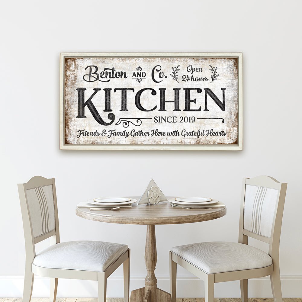 Personalized Farmhouse Kitchen Sign With Name, Established Date, and Quote Hanging Above Dining Room Table - Pretty Perfect Studio