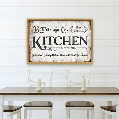 Personalized Farmhouse Kitchen Sign With Name, Established Date, and Quote Hanging in Kitchen - Pretty Perfect Studio
