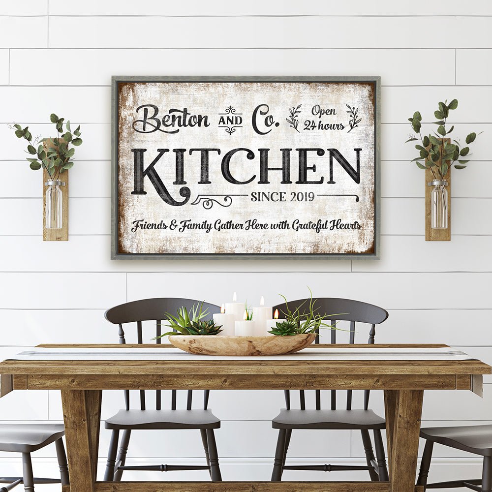 Personalized Farmhouse Kitchen Sign With Name, Established Date, and Quote Hanging Above Table - Pretty Perfect Studio
