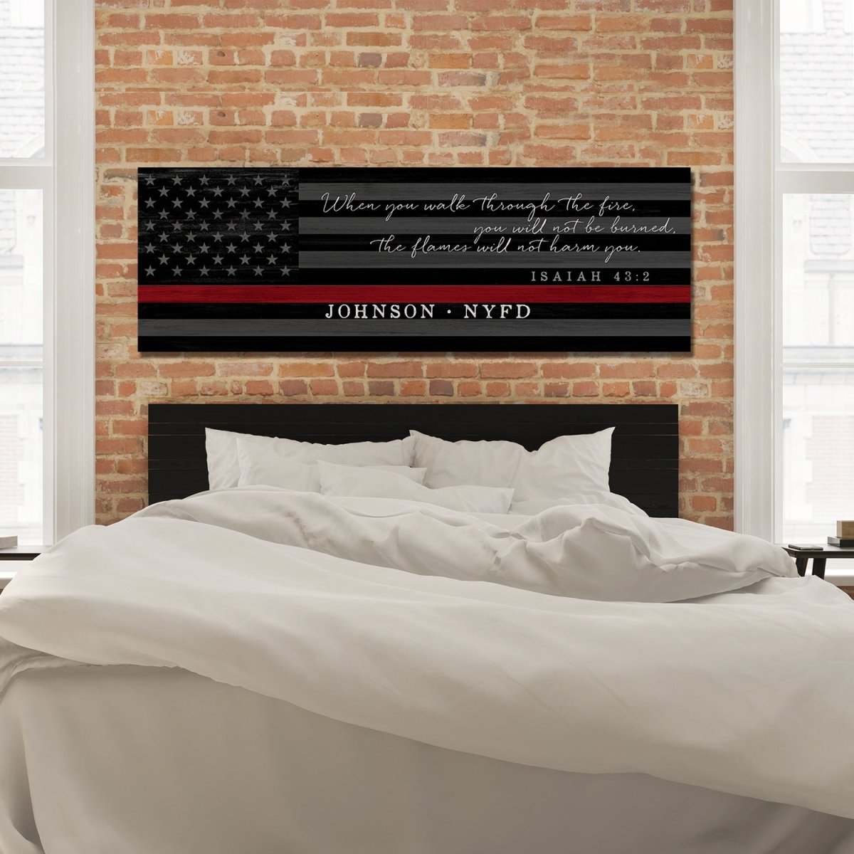 Personalized Firefighter Sign With Bible Scripture Above Bed - Pretty Perfect Studio