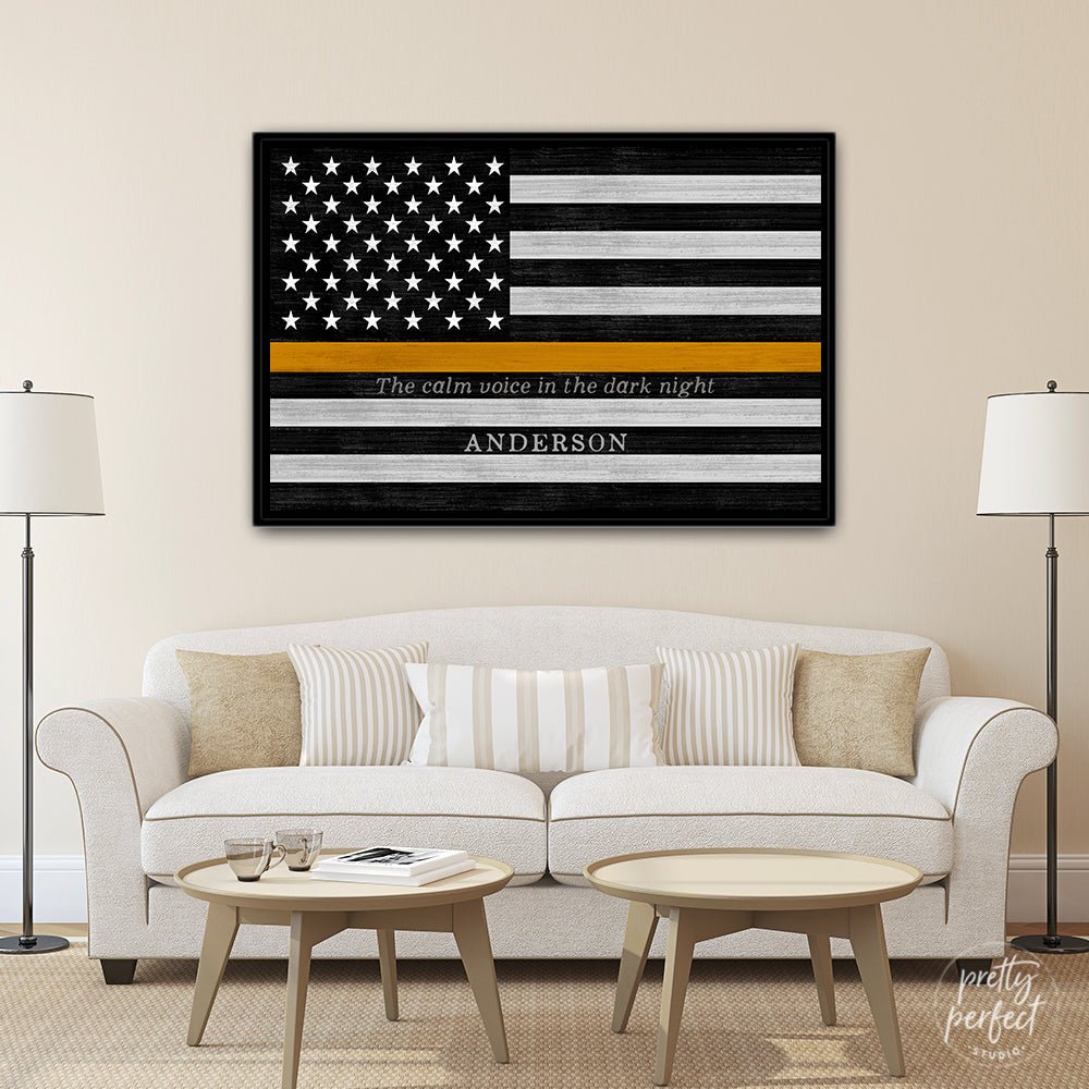Personalized Flag Sign For 911 Dispatchers & Tow Truck Drivers Above Couch - Pretty Perfect Studio